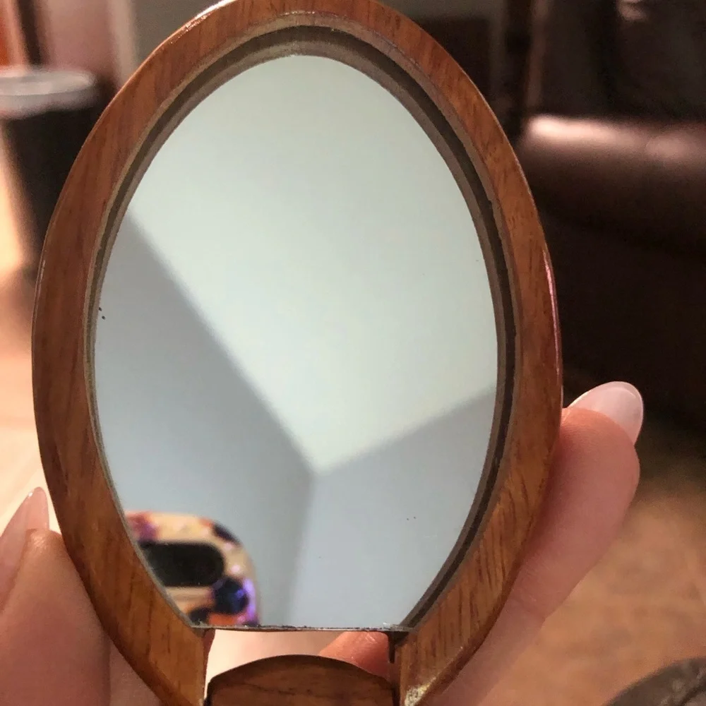 Vintage Wooden Mirror Compact Handmade